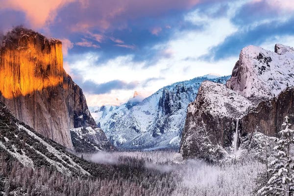 Snowy Mountains: Winter sunset over Yosemite Valley from Tunnel View, Yosemite National Park, California, USA by Russ Bishop