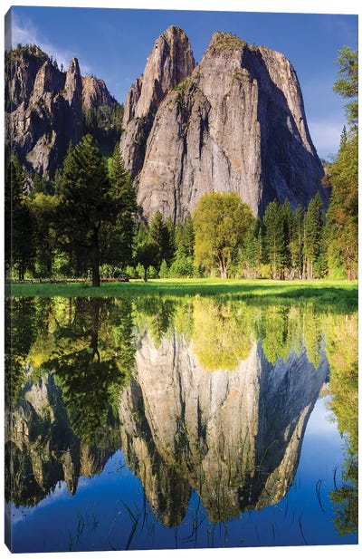 Cathedral Rocks Reflected In Pond, Yosemite National Park, California, USA Canvas Art Print - Yosemite National Park Art