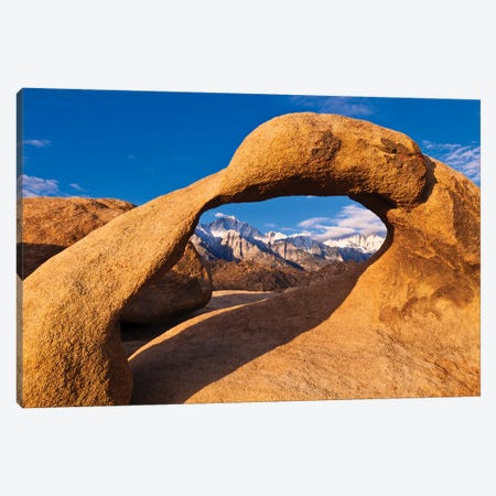 Dawn light on Mount Whitney through rock arch, Alabama Hills, Sequoia National Park, California Canvas Print #RBS68} by Russ Bishop Canvas Print