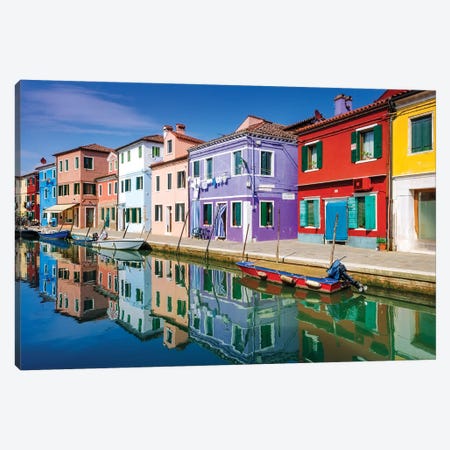 Colorful houses and canal, Burano, Veneto, Italy Canvas Print #RBS6} by Russ Bishop Canvas Art
