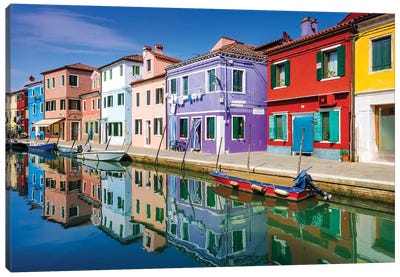 Colorful houses and canal, Burano, Veneto, Italy Canvas Art Print - Veneto Art