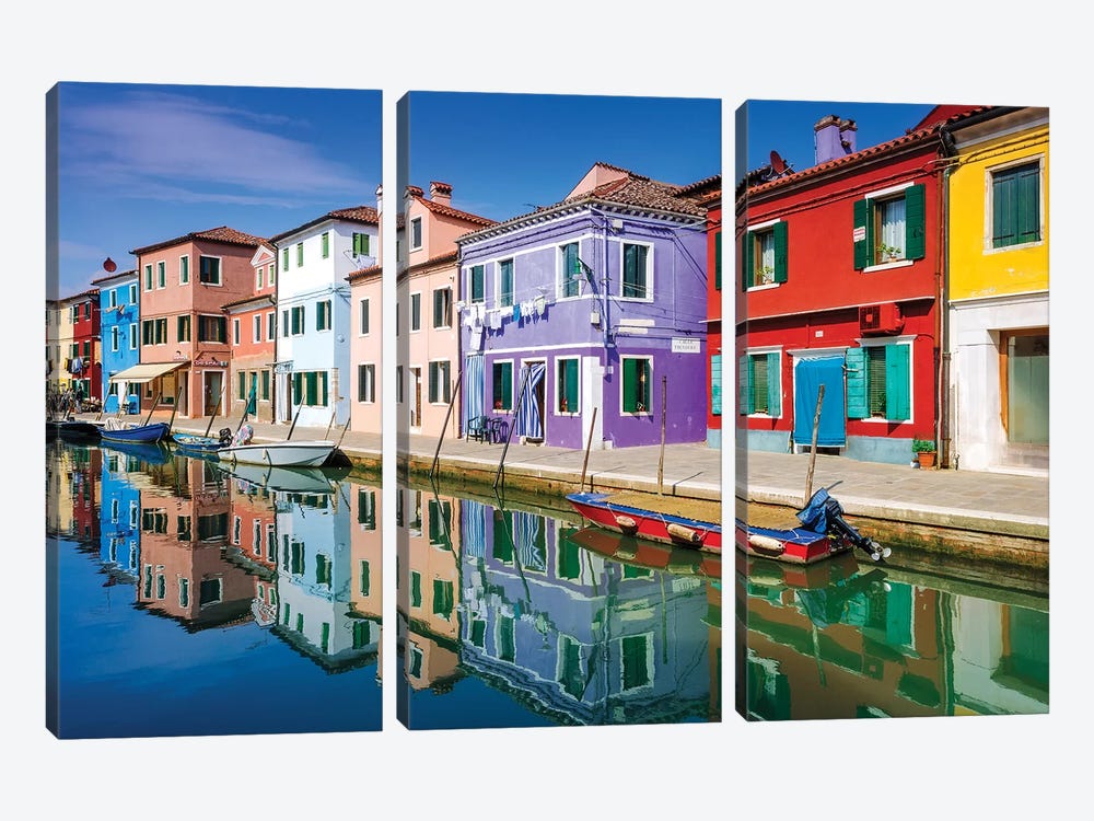 Colorful houses and canal, Burano, Veneto, Italy by Russ Bishop 3-piece Art Print