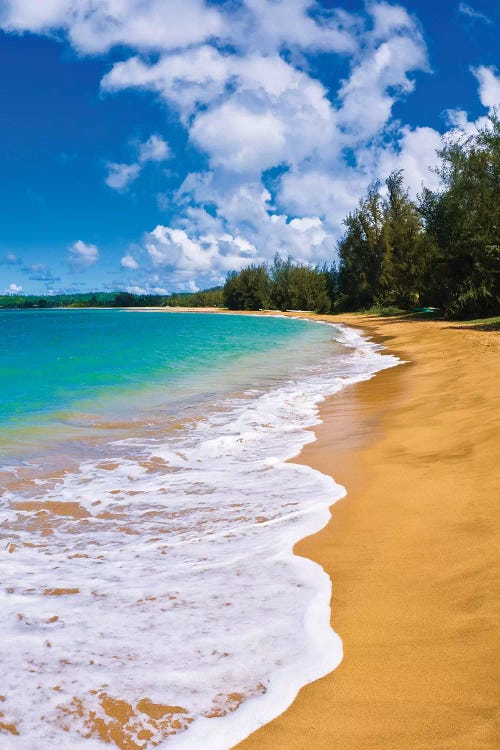 Empty beach and blue Pacific waters on Hanalei Bay, Island of Kauai, Hawaii, USA