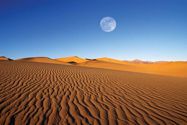 Russ Bishop: Full moon over evening light on dune patterns on the Mesquite Flat Sand Dunes, Death Valley NP, CA by Russ Bishop