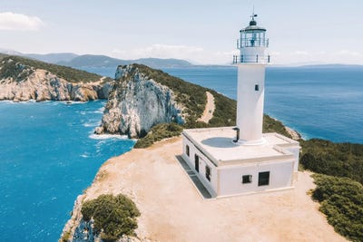Lighthouse On Lefkada Greek Island In Greece, Aerial by Radu Bercan metal wall art