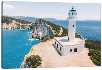Lighthouse On Lefkada Greek Island In Greece, Aerial Canvas Art Print - Radu Bercan