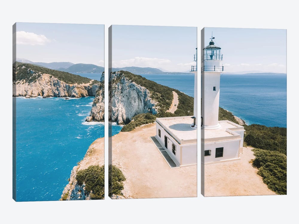 Lighthouse On Lefkada Greek Island In Greece, Aerial by Radu Bercan 3-piece Canvas Wall Art