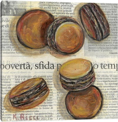 Macarons On Newspaper Canvas Art Print - Katia Ricci