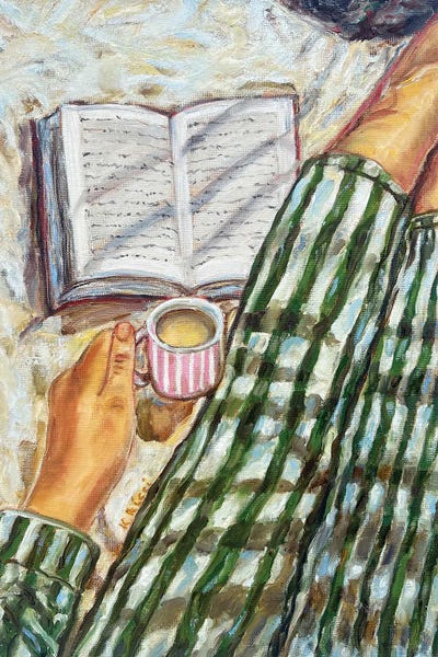 Katia Ricci - Canvas Prints: Woman Reading In Bed With Coffee by Katia Ricci