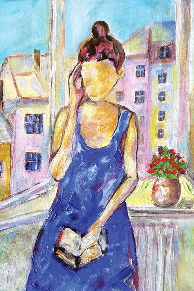 Canvas Print: Woman Reading By The Window In Blue Dress by Katia Ricci - thumbnail