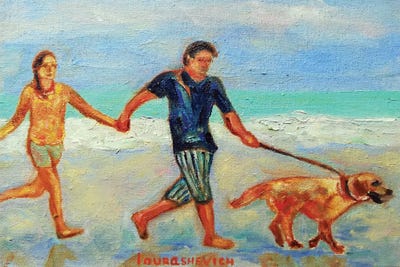Multi Panel Art: Couple Walking Dog On The Beach by Katia Ricci