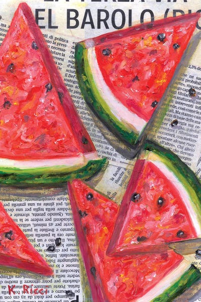 Watermelon Slices On Newspaper by Katia Ricci framed wall art