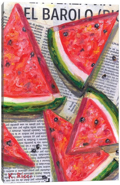 Watermelon Slices On Newspaper Canvas Art Print - Melon Art