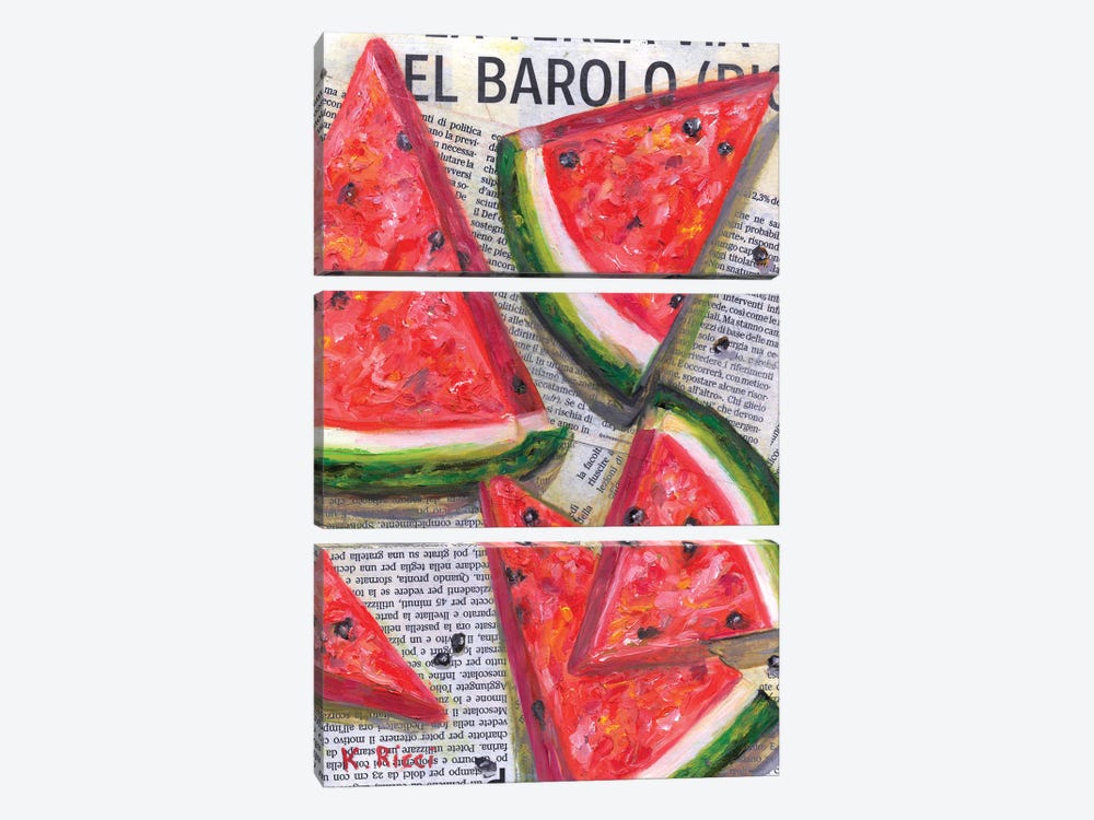 Watermelon Slices On Newspaper by Katia Ricci 3-piece Canvas Wall Art
