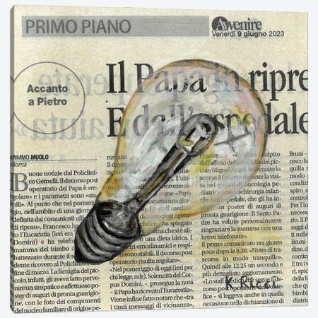 Light Bulb On Newspaper Canvas Print #RCI17} by Katia Ricci Canvas Artwork