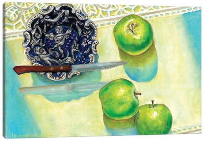 Still Life With Plate, Apples And Knife Canvas Art Print - Katia Ricci
