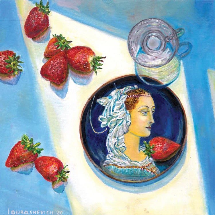 Still Life With Medieval Lady On Plate, Strawberries And Glass by Katia Ricci wall art