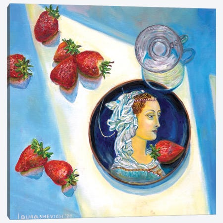 Still Life With Medieval Lady On Plate, Strawberries And Glass Canvas Print #RCI19} by Katia Ricci Canvas Art Print