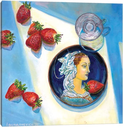 Still Life With Medieval Lady On Plate, Strawberries And Glass Canvas Art Print - Katia Ricci