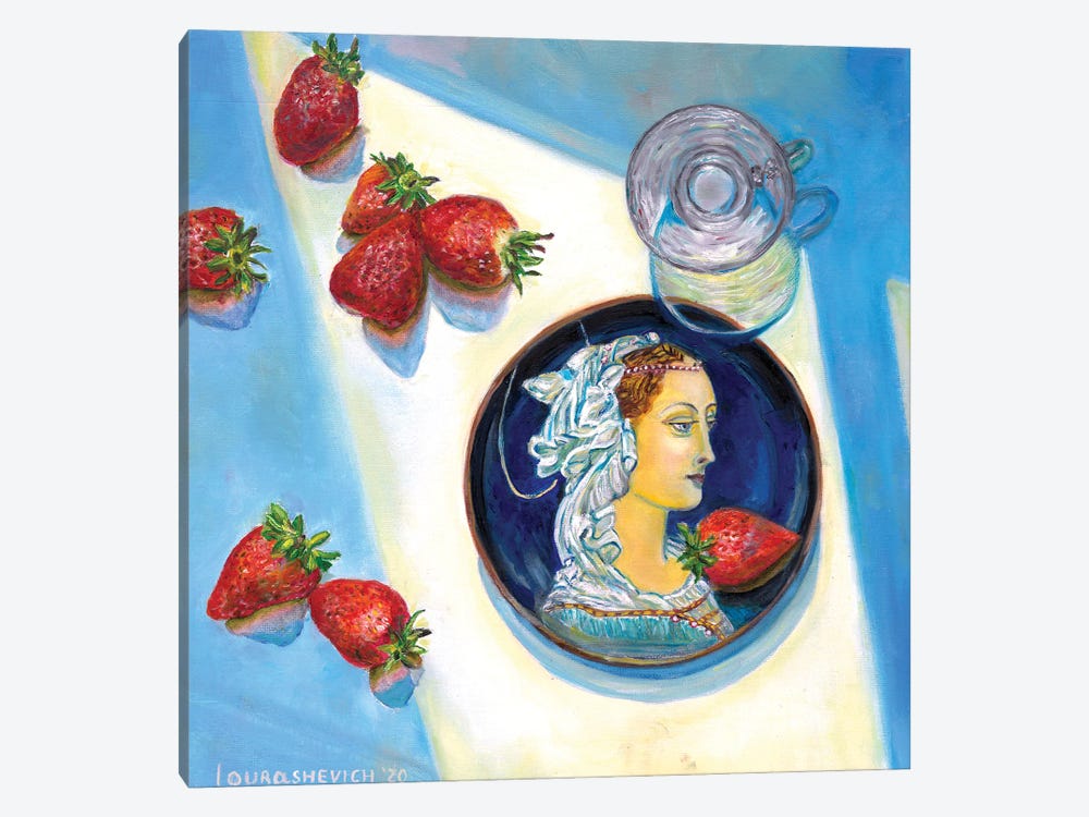 Still Life With Medieval Lady On Plate, Strawberries And Glass by Katia Ricci 1-piece Canvas Art Print