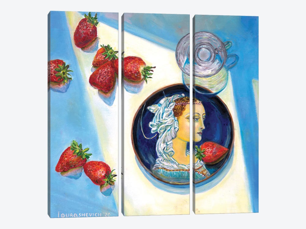 Still Life With Medieval Lady On Plate, Strawberries And Glass by Katia Ricci 3-piece Art Print