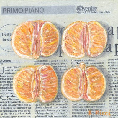 Tangerine Halves On Newspaper by Katia Ricci framed wall art