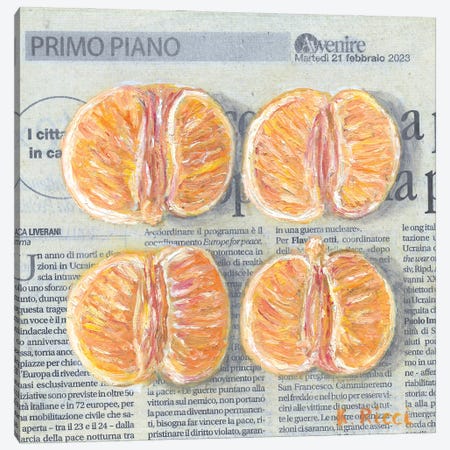 Tangerine Halves On Newspaper Canvas Print #RCI24} by Katia Ricci Canvas Print
