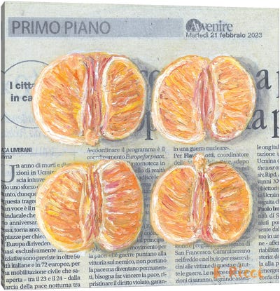 Tangerine Halves On Newspaper Canvas Art Print - Katia Ricci
