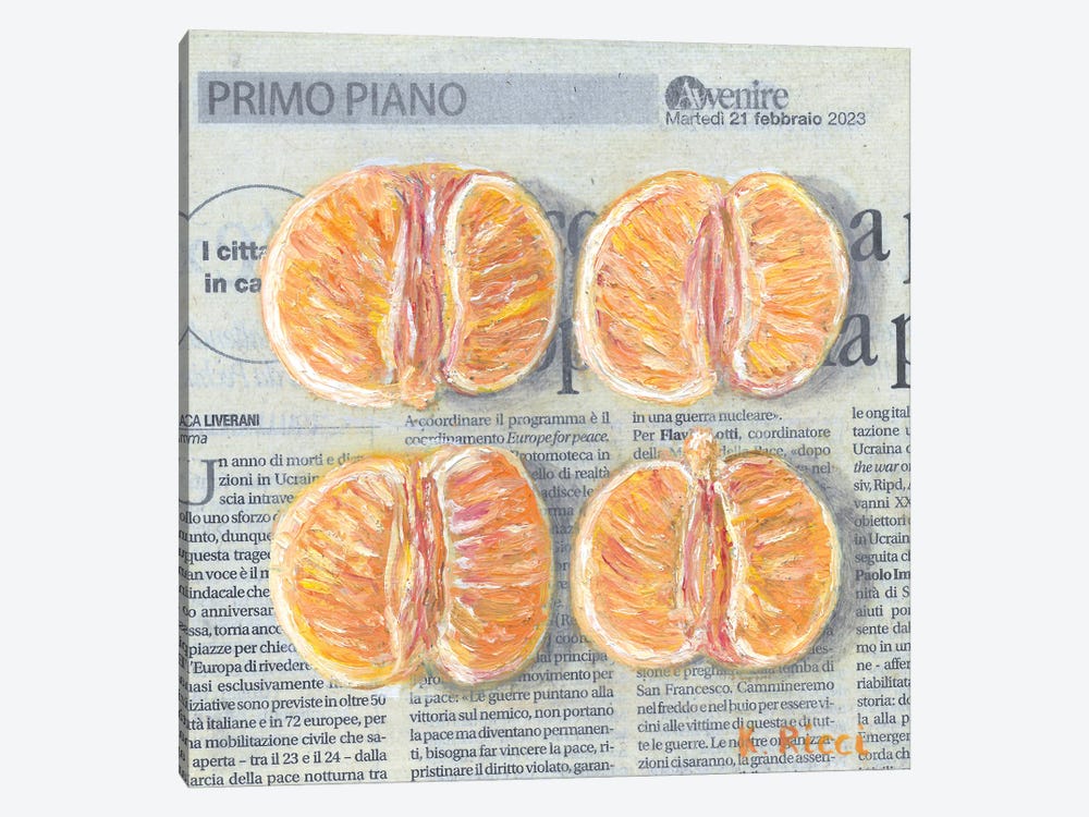 Tangerine Halves On Newspaper by Katia Ricci 1-piece Canvas Art Print