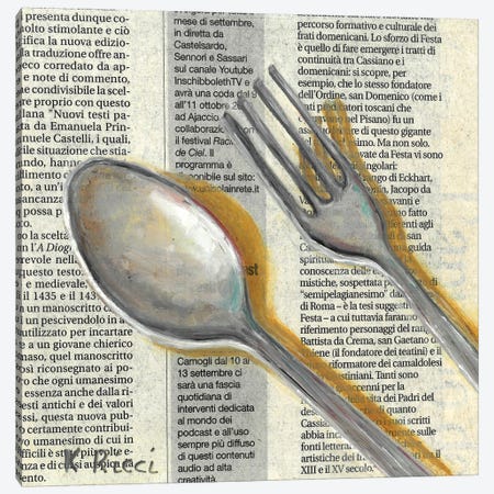 Fork And Spoon On Newspaper Canvas Print #RCI25} by Katia Ricci Canvas Print