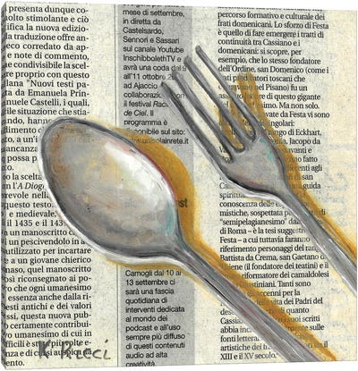 Fork And Spoon On Newspaper Canvas Art Print - Kitchen Equipment & Utensil Art