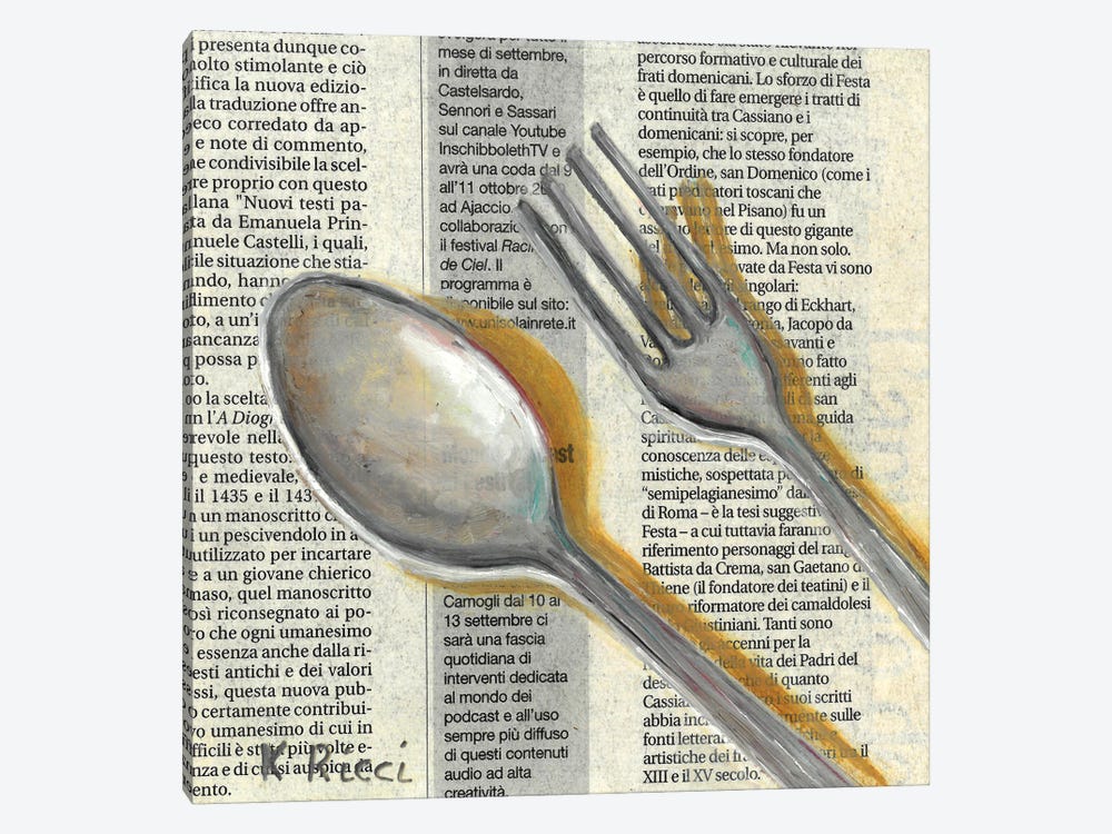 Fork And Spoon On Newspaper by Katia Ricci 1-piece Canvas Wall Art