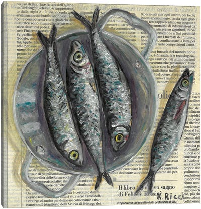 Fishes In A Pan On Newspaper Canvas Art Print - Katia Ricci