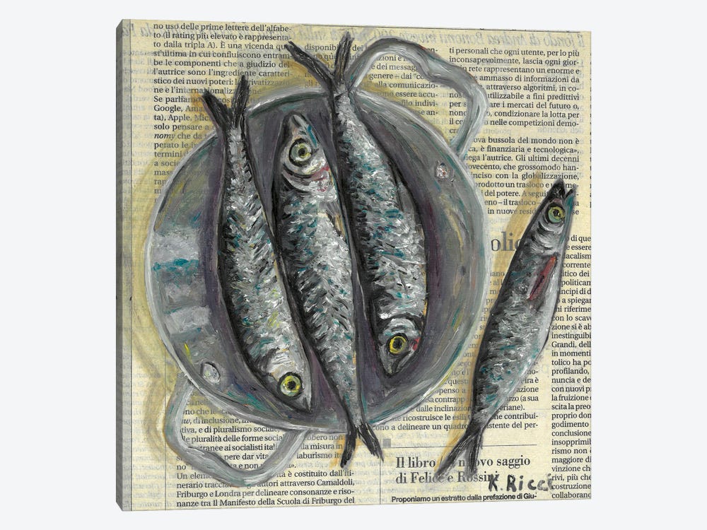 Fishes In A Pan On Newspaper by Katia Ricci 1-piece Canvas Artwork