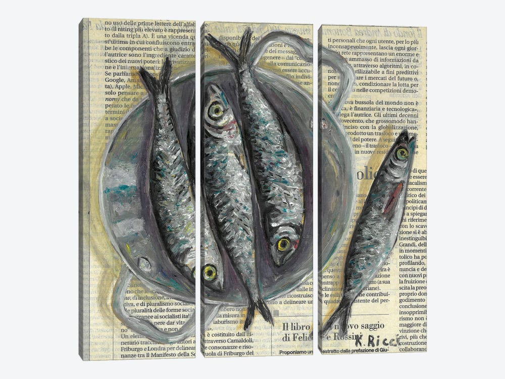 Fishes In A Pan On Newspaper by Katia Ricci 3-piece Canvas Artwork