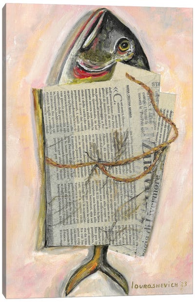 Fish Wrapped In Newspaper Canvas Art Print - Katia Ricci