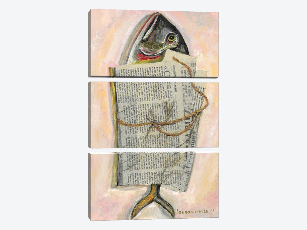 Fish Wrapped In Newspaper by Katia Ricci 3-piece Canvas Art