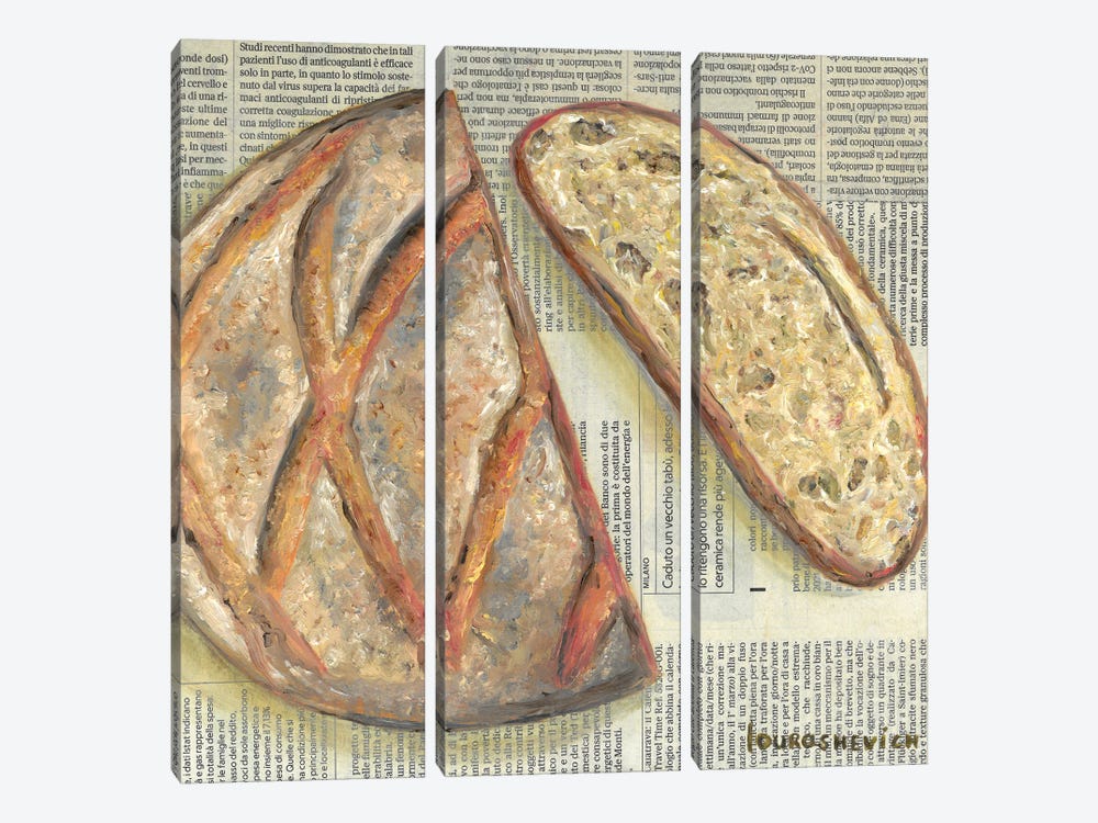 Bread Loaf On Newspaper by Katia Ricci 3-piece Canvas Wall Art