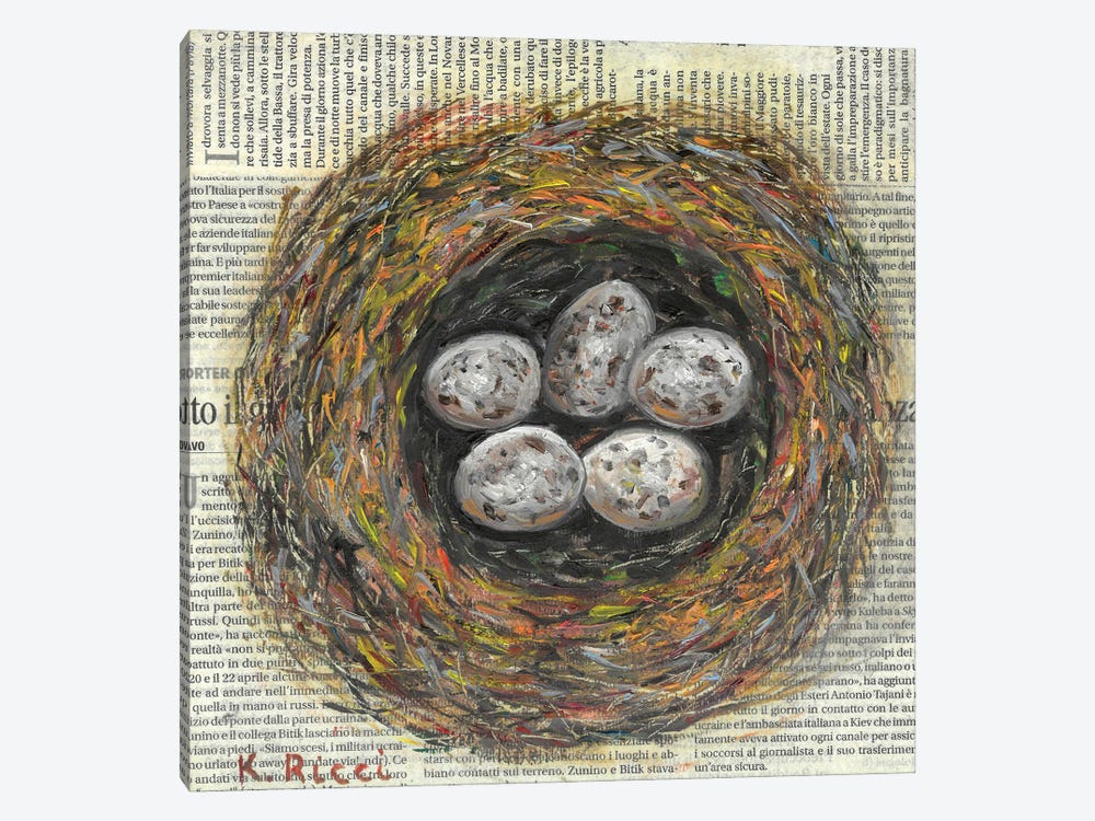 Nest With Eggs On Newspaper by Katia Ricci 1-piece Canvas Print