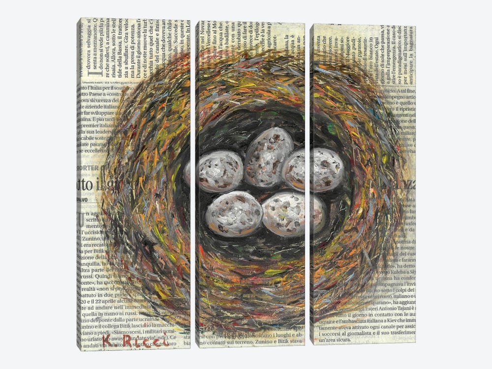 Nest With Eggs On Newspaper by Katia Ricci 3-piece Art Print