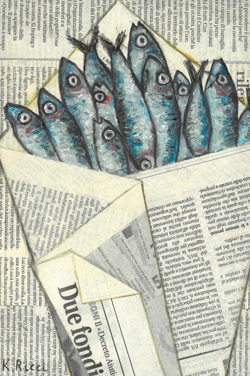Anchovies Wrapped In Newspaper Bag by Katia Ricci wall art