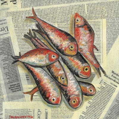 Red Fishes On Newspaper by Katia Ricci framed wall art