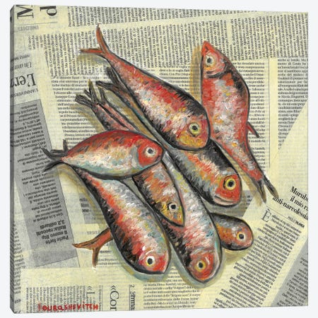 Red Fishes On Newspaper Canvas Print #RCI39} by Katia Ricci Canvas Art Print