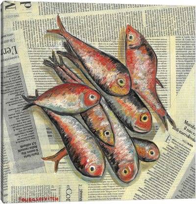 Red Fishes On Newspaper Canvas Art Print - Cream Art