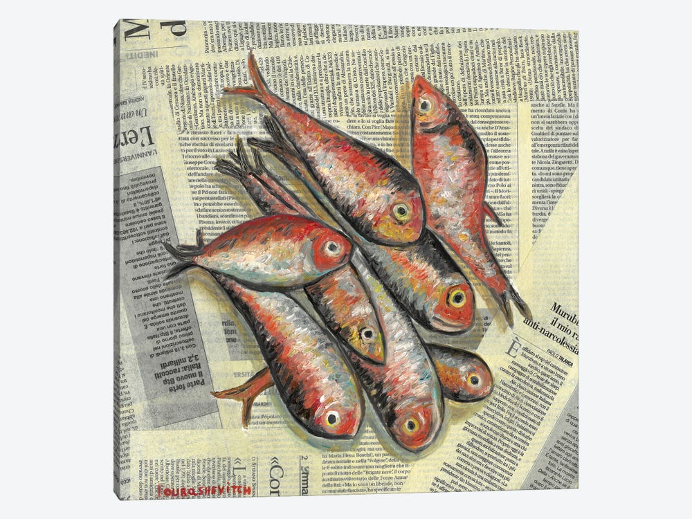 Red Fishes On Newspaper by Katia Ricci 1-piece Canvas Print