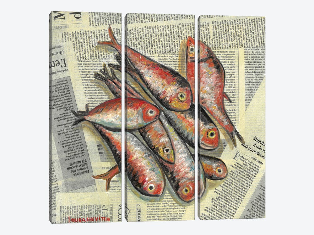 Red Fishes On Newspaper by Katia Ricci 3-piece Canvas Art Print
