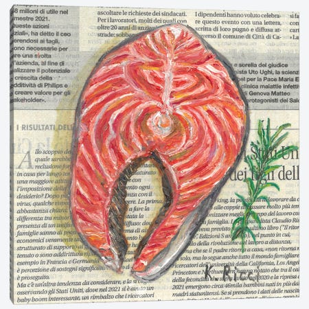 Salmon With Rosemary On Newspaper Canvas Print #RCI41} by Katia Ricci Canvas Art