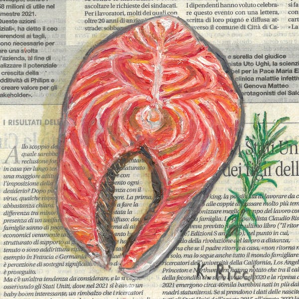 Herbs: Salmon With Rosemary On Newspaper by Katia Ricci