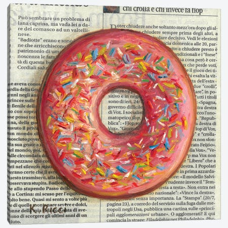Red Donut On Newspaper Canvas Print #RCI43} by Katia Ricci Canvas Artwork