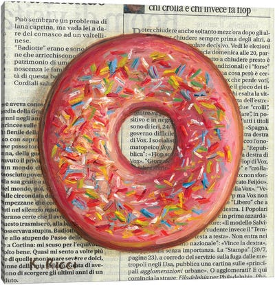 Red Donut On Newspaper Canvas Art Print - Donut Art